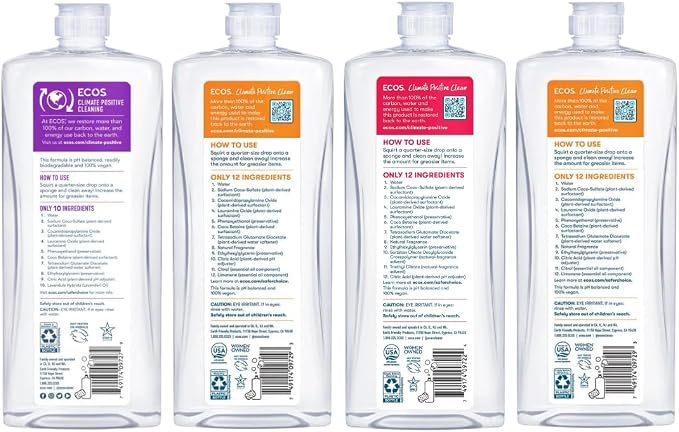 ECOS Plant Based Dish Soap Variety Pack - Natural Dishwashing Liquid Cuts Grease - Hypoallergenic for Sensitive Skin - Free & Clear, Lavender, Grapefruit, Pear - 25 Oz (4 Pack)