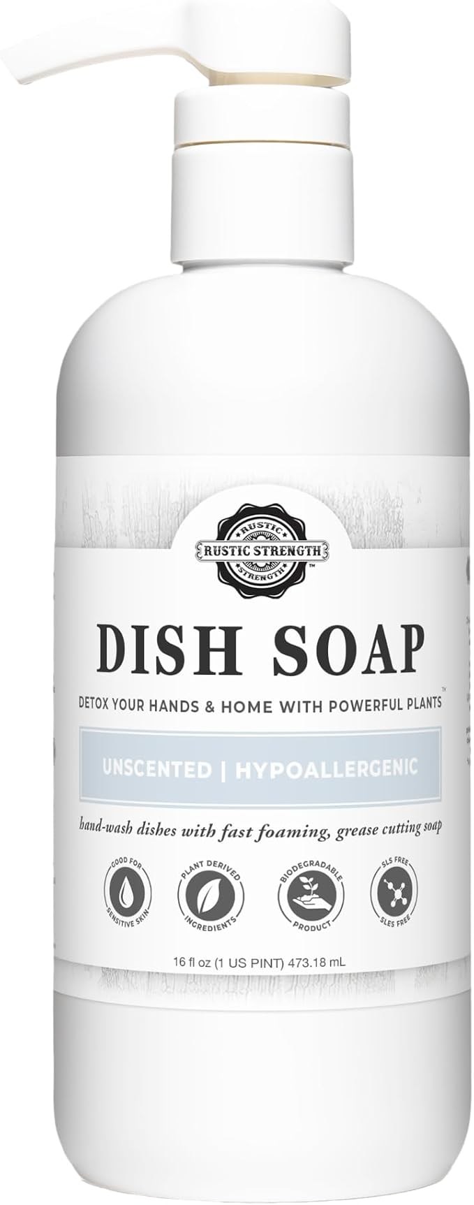 Rustic Strength Natural Dish Soap, Unscented, 16 oz | High-Lathering, Concentrated, Biodegradable Plant-Based Formula,Cuts Grease,