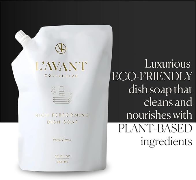 L'AVANT Dish Soap Refill, Plant-Based Grease-Cutting, Fresh Linen, 32 Fl Oz | Plant-based grease cutting, Fresh Linen fragrance, gentle on hands, non-toxic formula, refill pouch, cruelty-free, 32 fl oz