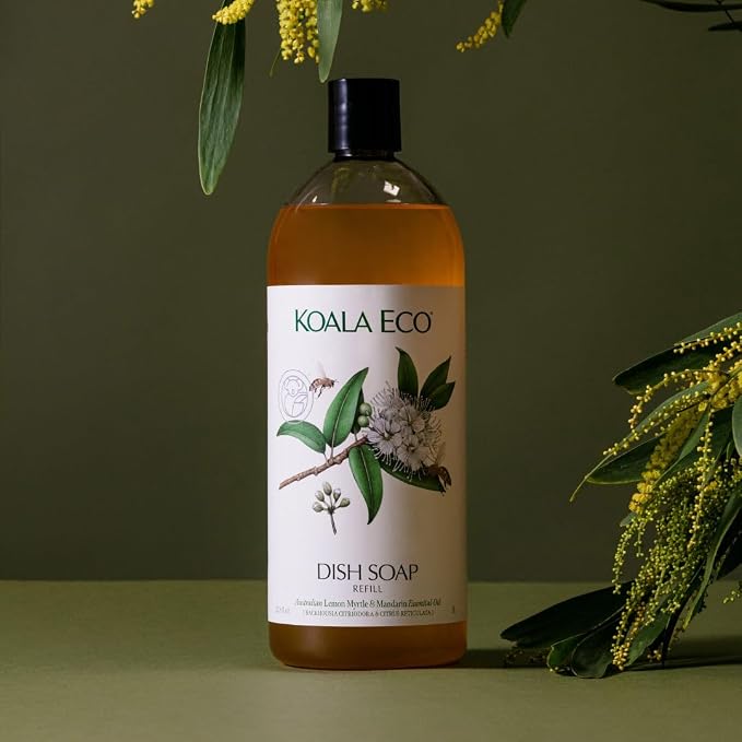 Koala Eco Dish Soap, Australian Lemon Myrtle & Mandarin Essential Oil, 34oz | Vegan friendly dishwashing liquid made with botanical ingredients — free of synthetic fragrance.