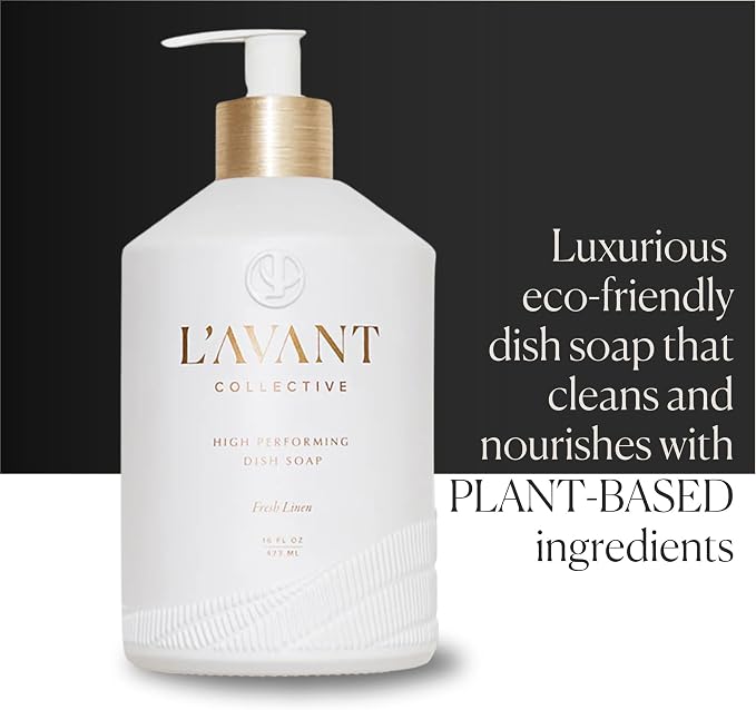 L'AVANT Collective The Ultimate Dish Wash Duo, Natural Luxury Dish Soap 16 Fl Oz with Refillable Glass Pump Bottle & 2 Loofah Dish Sponges for Pots, Pans, Dishes and Kitchen Cleaning, Fresh Linen