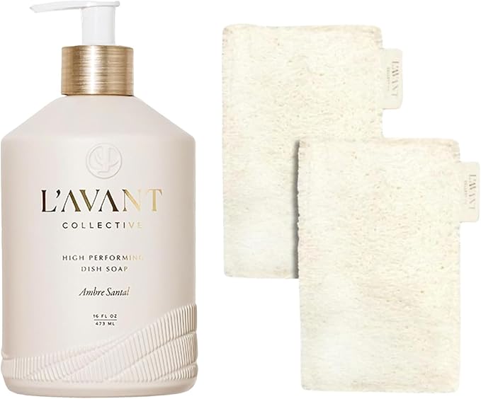L'AVANT Collective The Ultimate Dish Wash Duo, Natural Luxury Dish Soap 16 Fl Oz with Refillable Glass Pump Bottle & 2 Loofah Dish Sponges for Pots, Pans, Dishes and Kitchen Cleaning, Ambre Santal