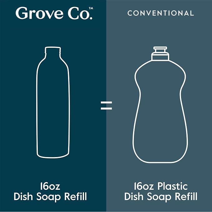 Grove Co. Dish Soap, 3 x 16 fl oz Refills + Refillable Glass Dispenser | Orange & Rosemary; Plastic-Free; Reusable dispenser; Refill format; Removes Stuck on Food; 98% plant-based ingredients
