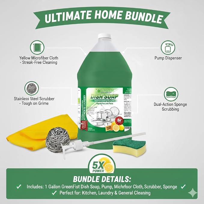 GreenFist Dish Soap Ultimate Kitchen Kit – Pump, Towel, Sponges & Scrubbers, Complete Cleaning Bundle – 1 Gallon, Lemon Scent (1 Gallon + Pump & Steel Scrubber)