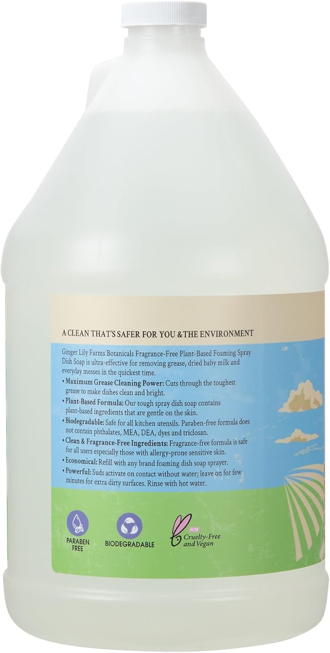 Ginger Lily Farms Botanicals Plant-Based Foaming Spray Dish Soap, Concentrated Formula with Max Grease Cleaning Power, Cruelty-Free, Fragrance-Free, 1 Gallon (Pack of 4)