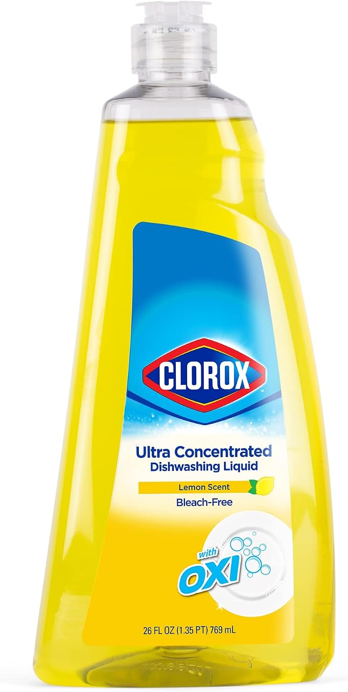 Clorox Ultra Concentrated Dish Soap with OXI, Lemon Scent, 26 Fl Oz | Bleach-free formula, dermatologist tested, cuts grease on contact, tough on baked-on stains