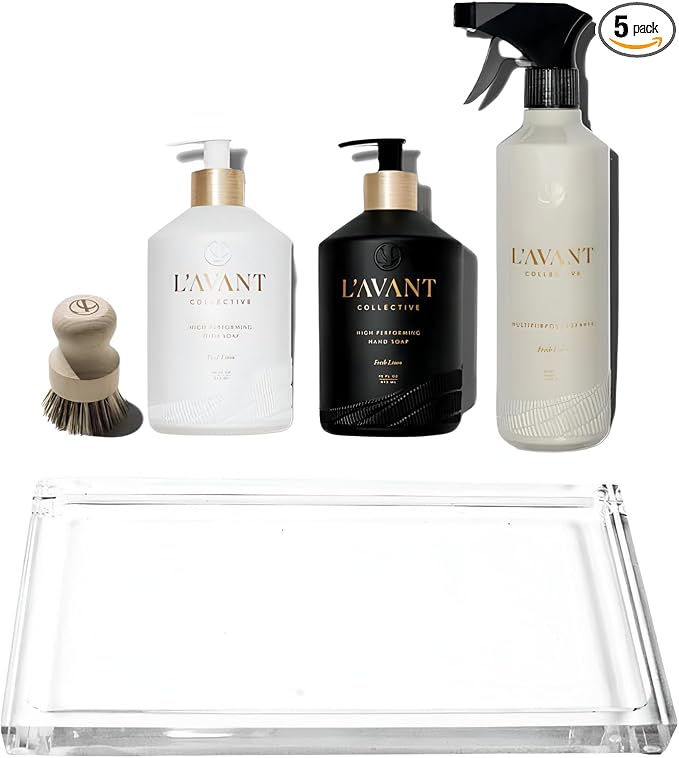 L'AVANT Collective Luxury Home Essentials | High Performing Dish Soap, Hand Soap, Multipurpose Cleaner Spray, Scrub Brush, Lucite Tray | Luxurious Ingredients Reusable Bottles (Fresh Linen)