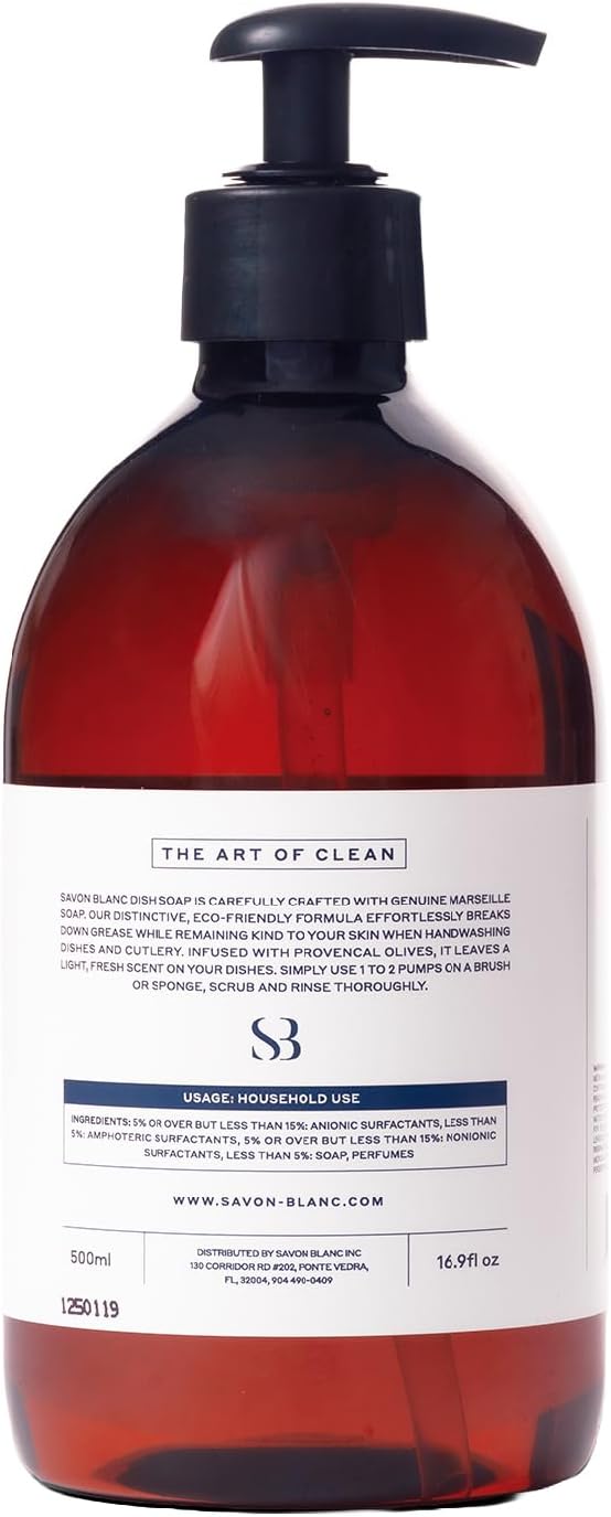 Authentic Marseille Liquid Dish Soap, 500 ml – 99% Natural Plant-Based Formula, Powerful Grease Cutting, Gentle on Hands, Eco-Friendly French Soap, Natural Scent