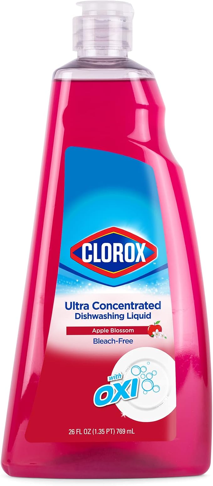 Clorox Ultra Concentrated Dish Soap with OXI, Apple Blossom, 26 Fl Oz | Bleach-free formula, dermatologist tested, cuts grease on contact, tough on baked-on stains
