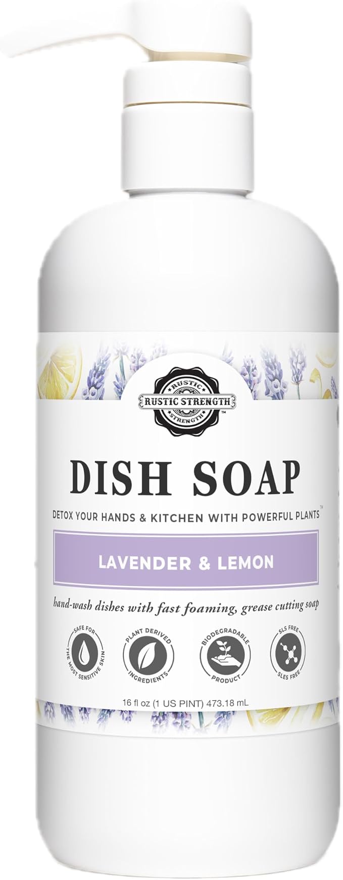 Rustic Strength Natural Dish Soap, Lavender & Lemon Scent, 16 fl oz | Plant-Based Formula, Cuts Grease, No Harsh Residue, Streak Free Clean Rinsing
