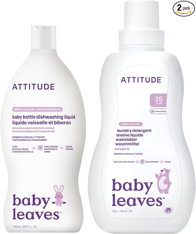 Bundle of ATTITUDE Baby Bottle and Dishwashing Liquid, EWG Verified, Vegan, Sweet Lullaby, 23.7 Fl Oz + Baby Laundry Detergent, EWG Verified, HE Compatible, Sweet Lullaby, 35 Loads, 1.05 Liters