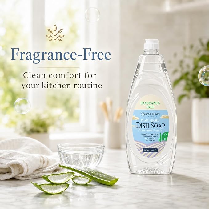 Ginger Lily Farms Botanicals Plant-Based Liquid Dish Soap, Concentrated Formula with Max Grease Cleaning Power, Cruelty-Free, Fragrance-Free, 24 Fl Oz