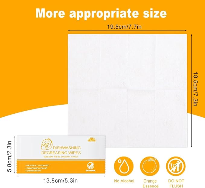 Dish Cleaning Wipes Individually Wrapped Travel Dish Soap Wipes Orange Scent 7.7”x 7.3“ Disposable Wipes Portable for Kitchen Outdoor Traveling Camping RV Quick Clean (100)
