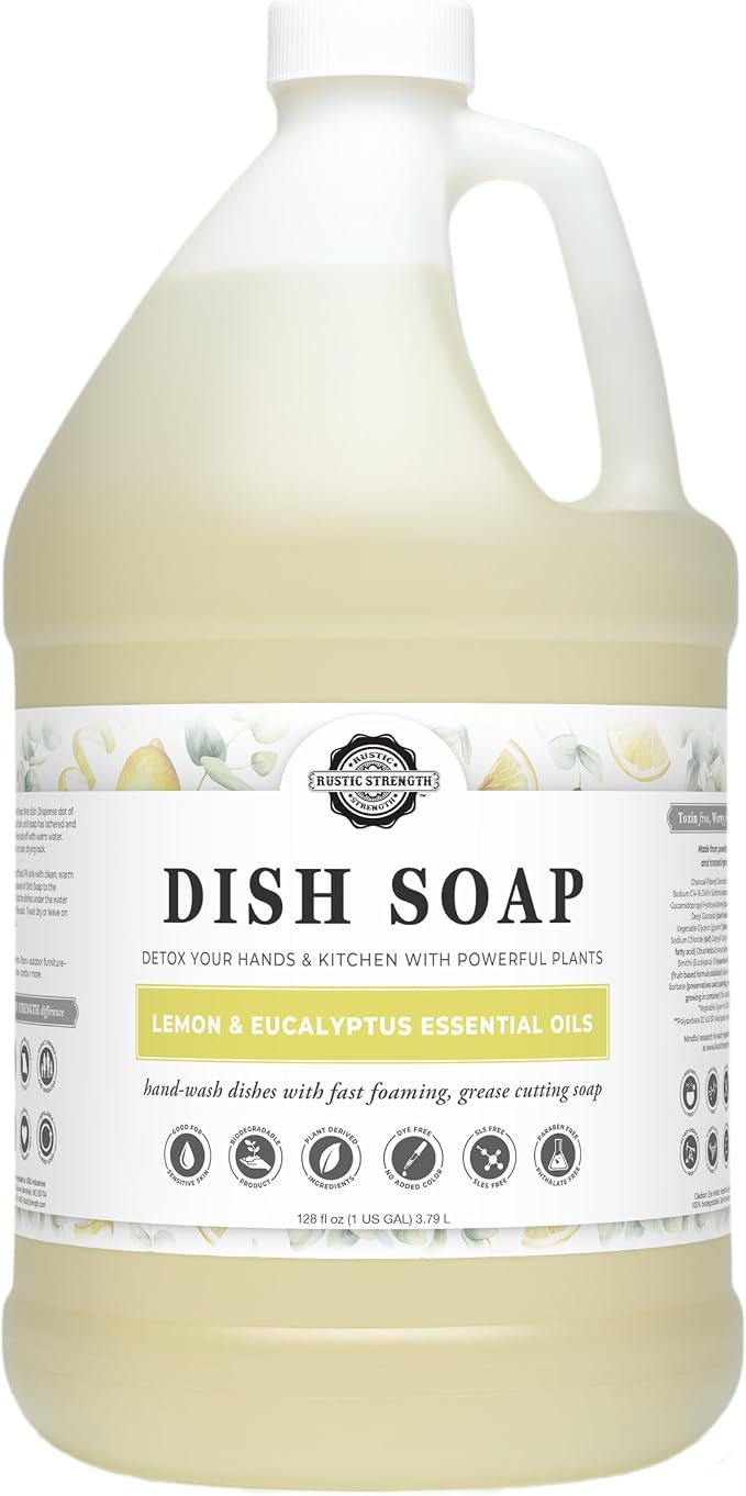Rustic Strength Natural Dish Soap, Lemon & Eucalyptus, 1 Gallon Plastic | High-Lathering, Concentrated,Plant-Based Formula,Tough Grease Cleaner