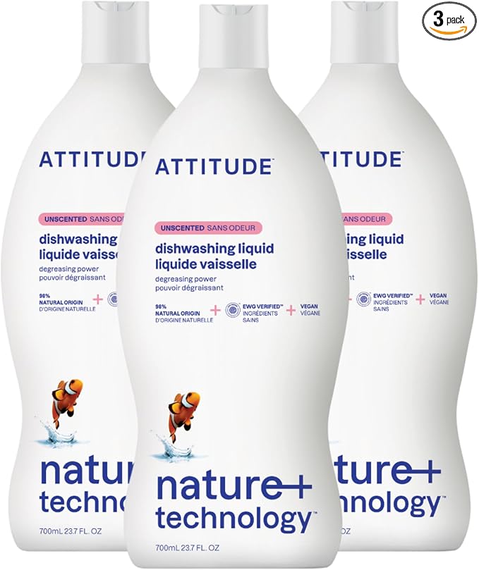 ATTITUDE Dish Soap, EWG Verified, Plant-Based & Vegan Dishwashing Liquid, Naturally Derived, Unscented, 23.7 Fl Oz (Pack of 3)