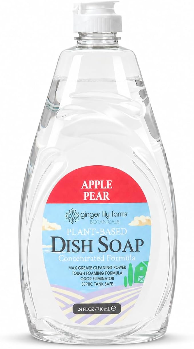 Ginger Lily Farms Botanicals Plant-Based Liquid Dish Soap, Concentrated Formula with Max Grease Cleaning Power, Cruelty-Free, Apple Pear Scent, 24 Fl Oz