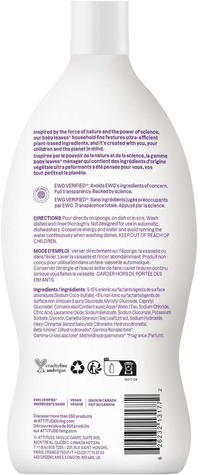 ATTITUDE Baby Bottle & Dish Soap, EWG Verified Bottle Cleaner, Dye Free, Removes Milk Residue & Grease, Vegan, Sweet Lullaby, 23.7 Fl Oz
