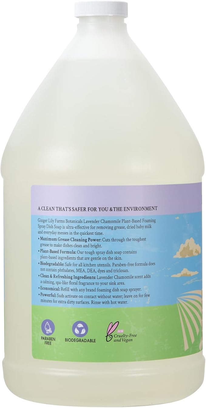 Ginger Lily Farms Botanicals Plant-Based Foaming Spray Dish Soap, Concentrated Formula with Max Grease Cleaning Power, Cruelty-Free, Lavender Chamomile Scent, 1 Gallon (Pack of 4)