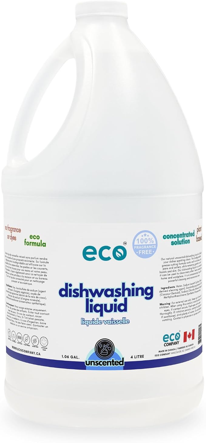 Eco Dishwashing Liquid, Unscented, 1 Gallon, Plant-based Dish Soap, Concentrated, Fragrance Free, Biodegradable, Grease Cutting Formula, Bulk Dish Soap Refill, Eco Friendly Dishwashing