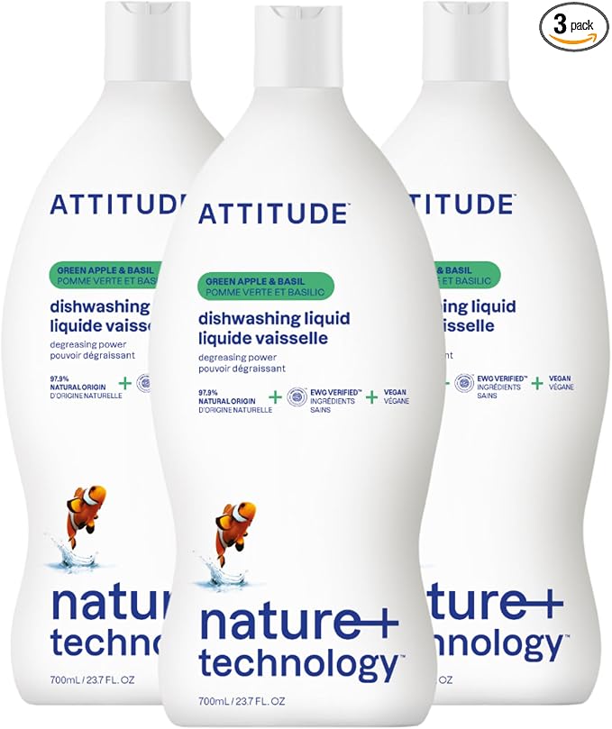ATTITUDE Dish Soap, EWG Verified, Plant-Based & Vegan Dishwashing Liquid, Naturally Derived, Green Apple and Basil, 23.7 Fl Oz (Pack of 3)