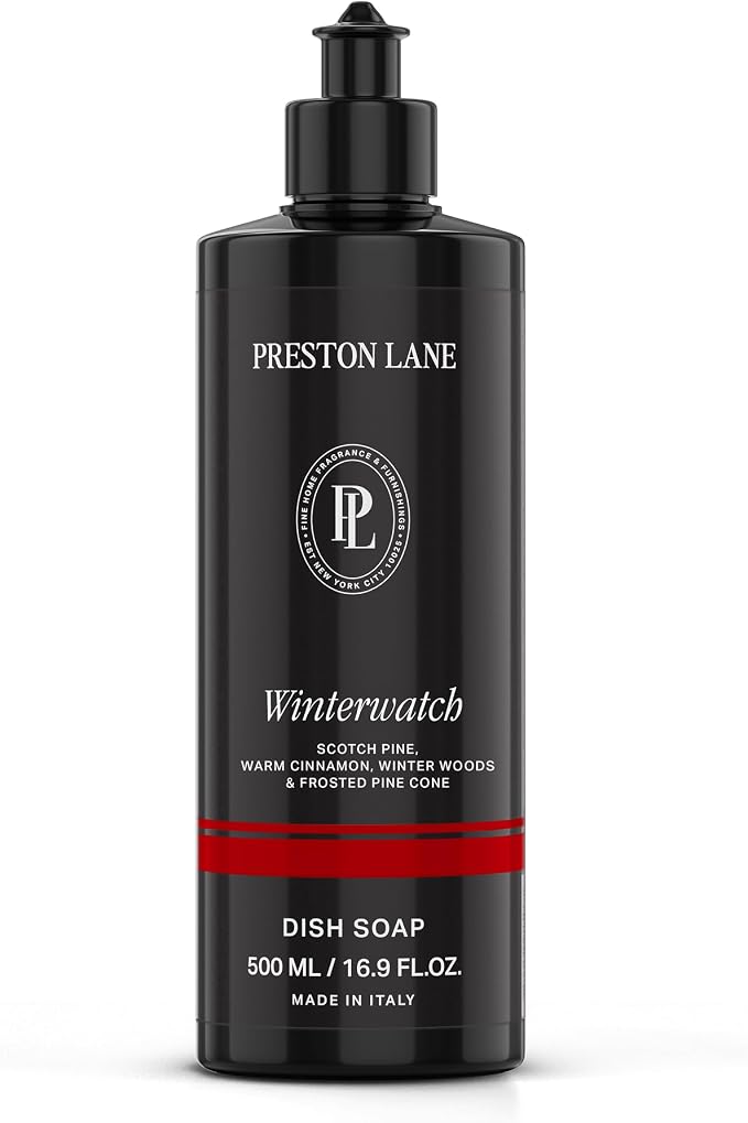 Preston Lane Liquid Dish Soap 16oz, Scented, Grease Cutting - Winterwatch | Vegan Dishwashing Soap, Plant Based with Essential Oils, Gentle on Hands, Clean Ingredients