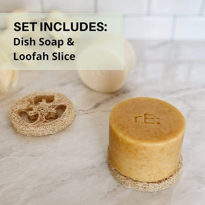 RE: REKURATOR Dishwashing Soap with Loofah Sponge – Eco-Friendly, Gentle, Plant-Based Dish Bar, No Artificial Dyes or Fragrance (Citrus Scented), 5.1 oz