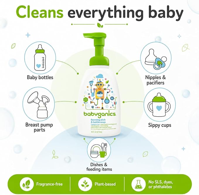 Baby ganics 16 Ounce Dish Dazzler Foaming Dish and Bottle Soap with Refill Kit BUNDLED with Two (2) Bottle Brushes BONUS | Baby bottle and dish soap bundle with refill and 2 bottle brushes. Plant-based, fragrance-free foaming soap.
