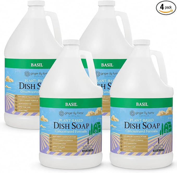 Ginger Lily Farms Botanicals Plant-Based Liquid Dish Soap, Concentrated Formula with Max Grease Cleaning Power, Cruelty-Free, Basil Scent, 1 Gallon Refill (128 Fl. Oz.) (Pack of 4)