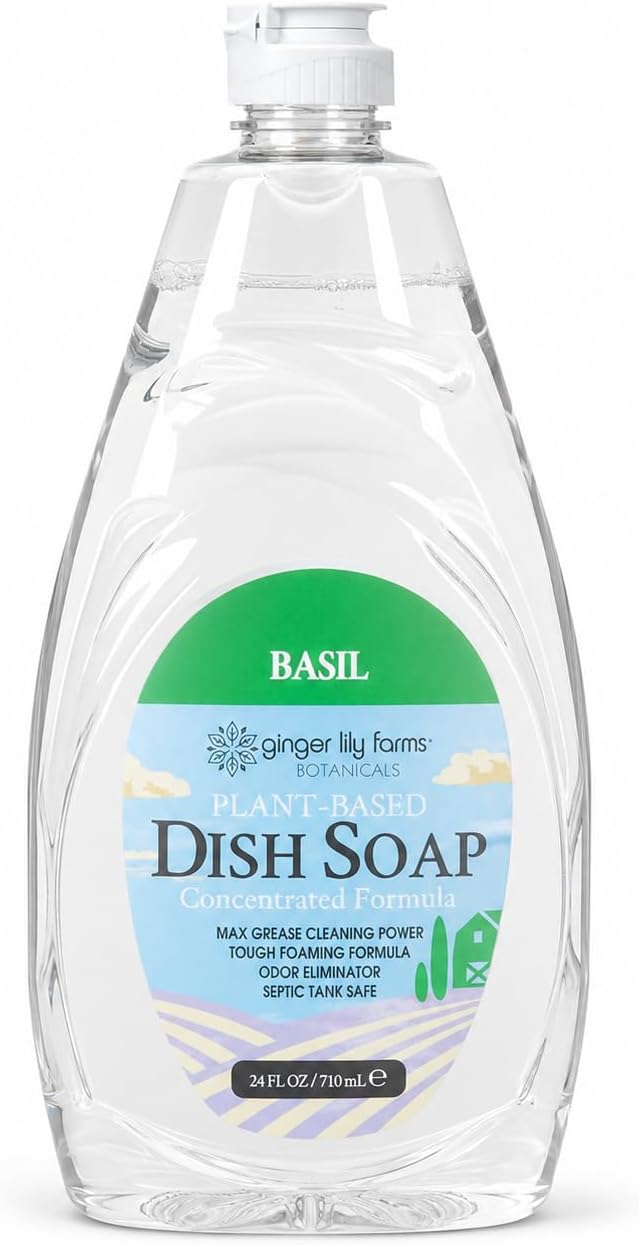 Ginger Lily Farms Botanicals Plant-Based Liquid Dish Soap, Concentrated Formula with Max Grease Cleaning Power, Cruelty-Free, Basil Scent, 24 Fl Oz
