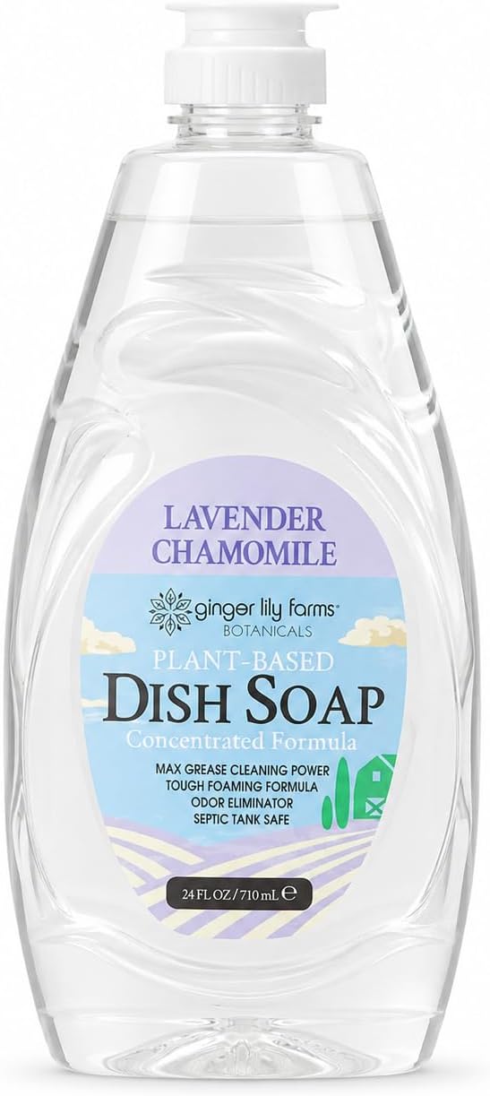 Ginger Lily Farms Botanicals Plant-Based Liquid Dish Soap, Concentrated Formula with Max Grease Cleaning Power, Cruelty-Free, Lavender Chamomile Scent, 24 Fl Oz