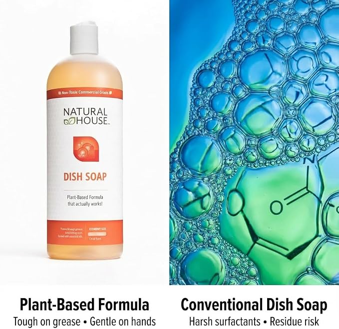 Natural House Scrubby - Plant-Based Enzyme Hand Dish Soap Refill Bulk - Cuts Grease, Gentle on Hands - Septic-Safe, Plumbing-Friendly - Citrus Scent - 128 oz