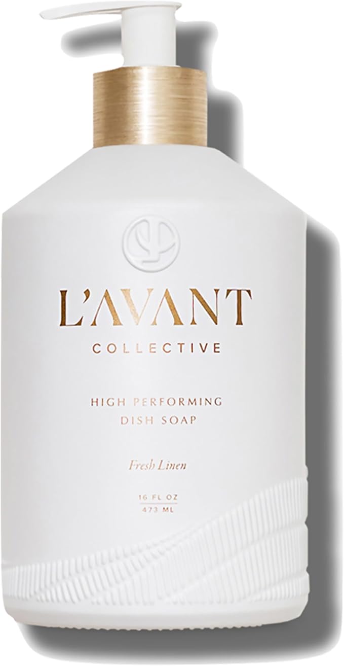 L'AVANT Collective Natural Dish Soap, Plant-Based, Fresh Linen, 16 Fl Oz | Plant-based formula, grease-cutting power, refillable glass pump bottle, kid and pet safe, cruelty-free, Fresh Linen scent