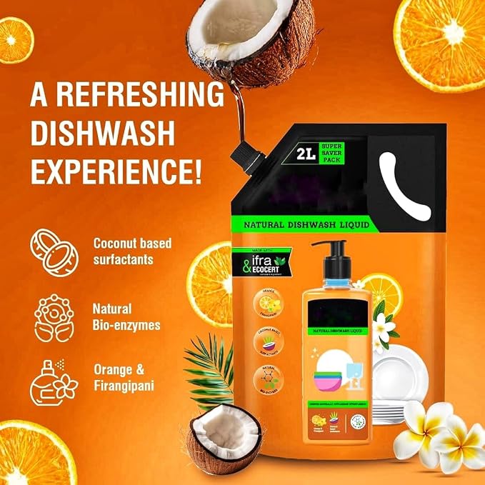 Natural Dishwash Liquid Refill Orange & Frangipani, 2L | Coconut-Based Surfactants, Natural Bio-Enzymes, Grease Removal, No Residue, IFRA & ECOCERT