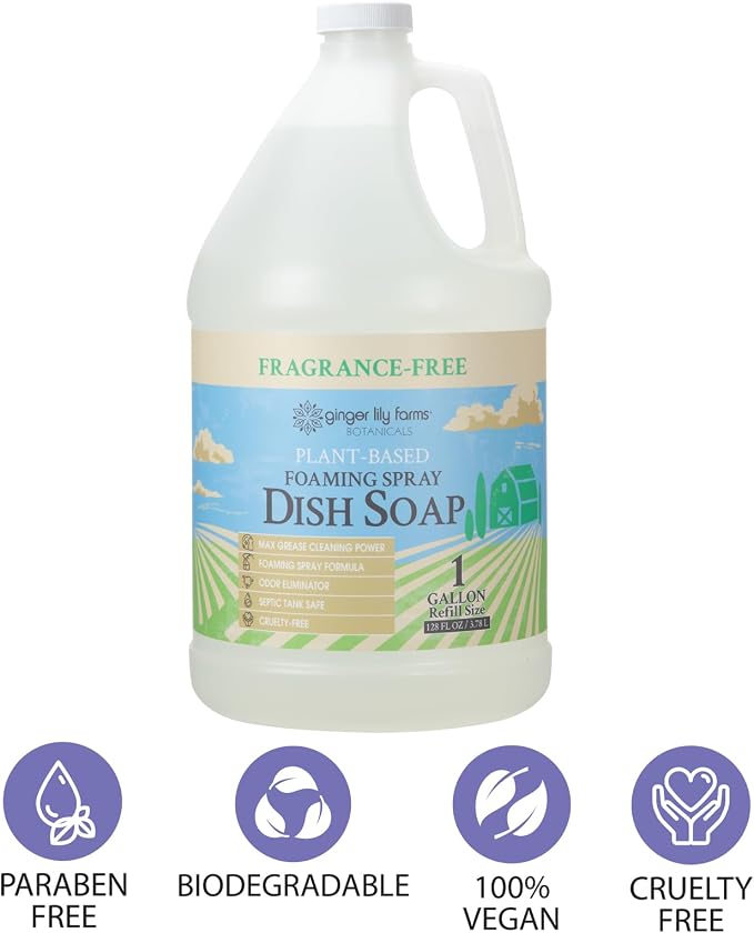 Ginger Lily Farms Botanicals Plant-Based Foaming Spray Dish Soap, Concentrated Formula with Max Grease Cleaning Power, Cruelty-Free, Fragrance-Free, 1 Gallon (Pack of 4)