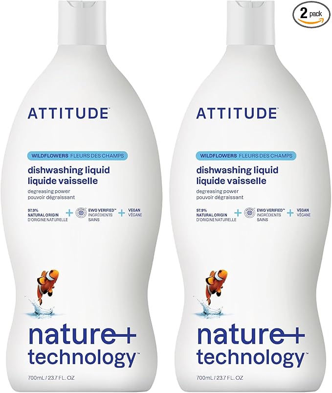 ATTITUDE Dish Soap,EWG Verified,Plant-Based & Vegan Dishwashing Liquid,Naturally Derived,Wildflowers Scent,23.7 Fl Oz,(Pack of 2)