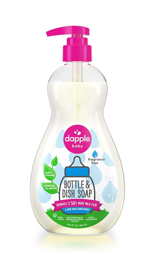 Dapple Baby Dish Bundle Includes Baby Bottle & Dish Liquid, Travel Size 3 Fl Oz and 16.9 Fl Oz Bottle, 2 ct., Fragrance-Free, Powered by Plants, Hypoallergenic