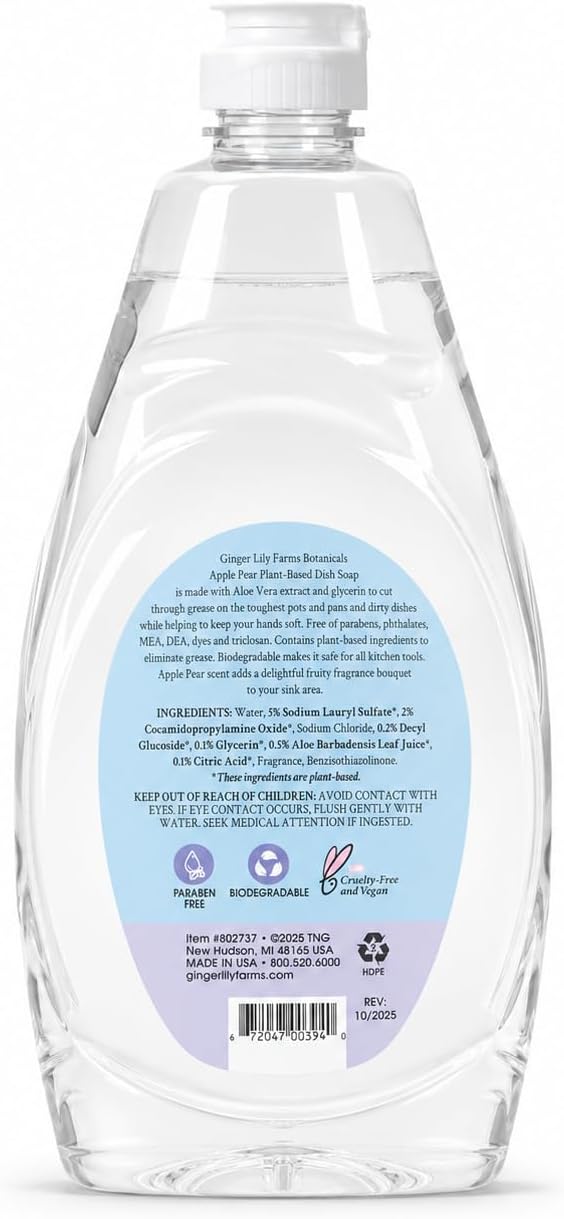 Ginger Lily Farms Botanicals Plant-Based Liquid Dish Soap, Concentrated Formula with Max Grease Cleaning Power, Cruelty-Free, Apple Pear Scent, 24 Fl Oz