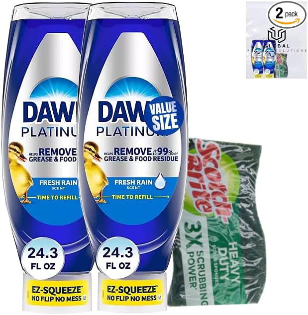 Dawn EZ Squeeze Platinum Liquid Dish Soap 2pk Refreshing Rain Scent 24.3 Fl Oz bundled with Heavy Duty Scotch Brite Sponge