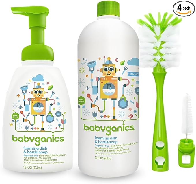Baby ganics 16 Ounce Dish Dazzler Foaming Dish and Bottle Soap with Refill Kit BUNDLED with Two (2) Bottle Brushes BONUS | Baby bottle and dish soap bundle with refill and 2 bottle brushes. Plant-based, fragrance-free foaming soap.