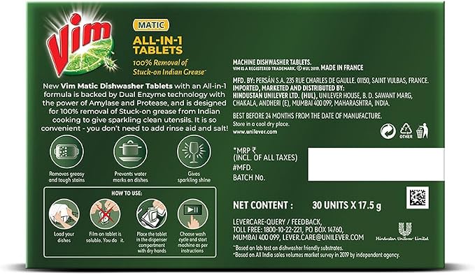 Vim Matic Dishwasher All-In-One Tablets (Pack of 30) I Removes Tough Indian Grease I Designed By India's No.1 Dishwashing Brand.