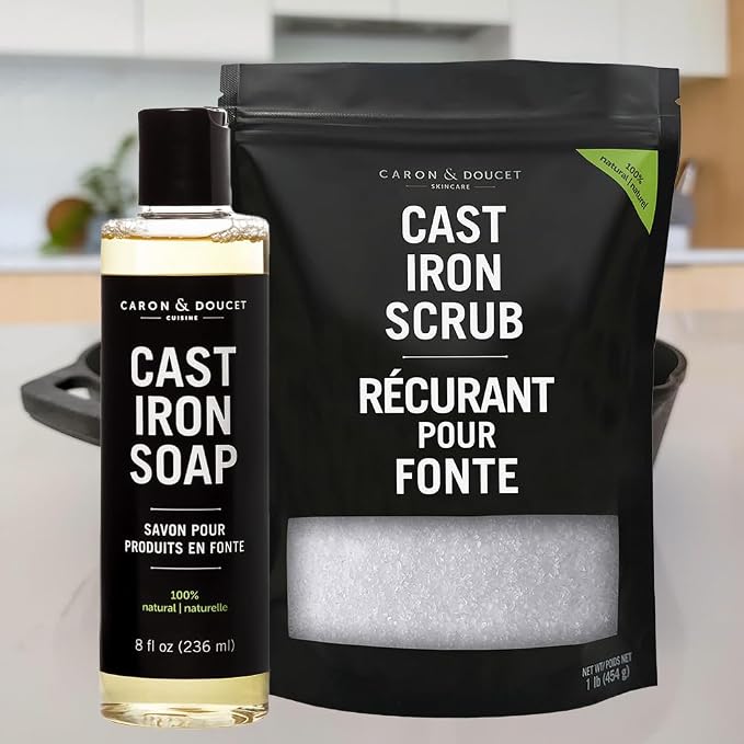 CARON & DOUCET - Cast Iron Cleaning Bundle - Cast Iron Soap & Cast Iron Scrub - 100% Plant Based Formulation & Best for Cleaning Care, Washing, Restoring & Seasoning Skillets, Pans & Grills