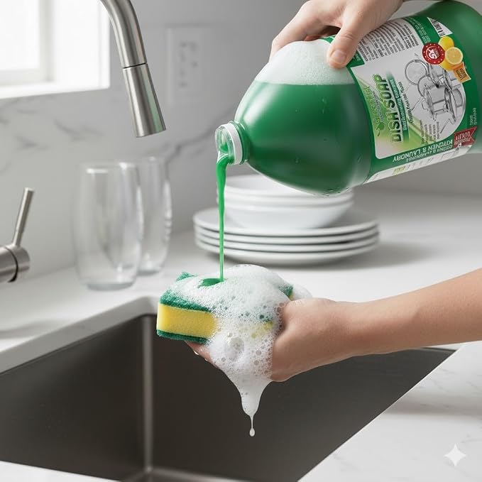 GreenFist Dish Soap Ultimate Kitchen Kit – Pump, Towel, Sponges & Scrubbers, Complete Cleaning Bundle – 1 Gallon, Lemon Scent (1 Gallon + Ultra Scrubber & Sponge)