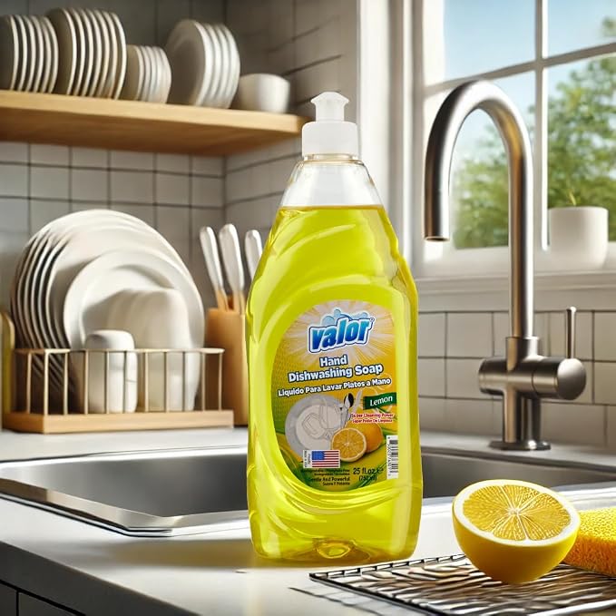 Valor Dishwashing Liquid, 25 fl oz – Dish Soap for Kitchen & Bathroom, Grease-Fighting, Gentle on Hands, Fast Rinse, Eco-Friendly Biodegradable Formula (25 fl oz (Pack of 12), Lemon)