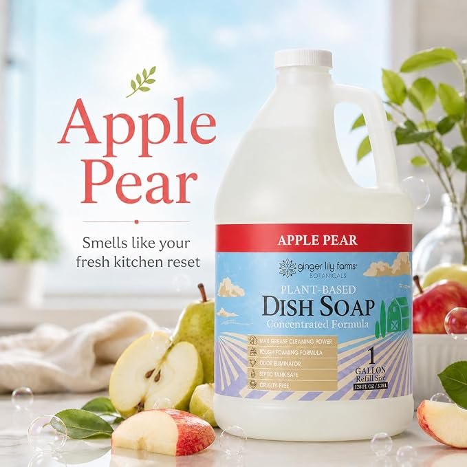 Ginger Lily Farms Botanicals Plant-Based Liquid Dish Soap, Concentrated Formula with Max Grease Cleaning Power, Cruelty-Free, Apple Pear Scent, 1 Gallon (Pack of 4)