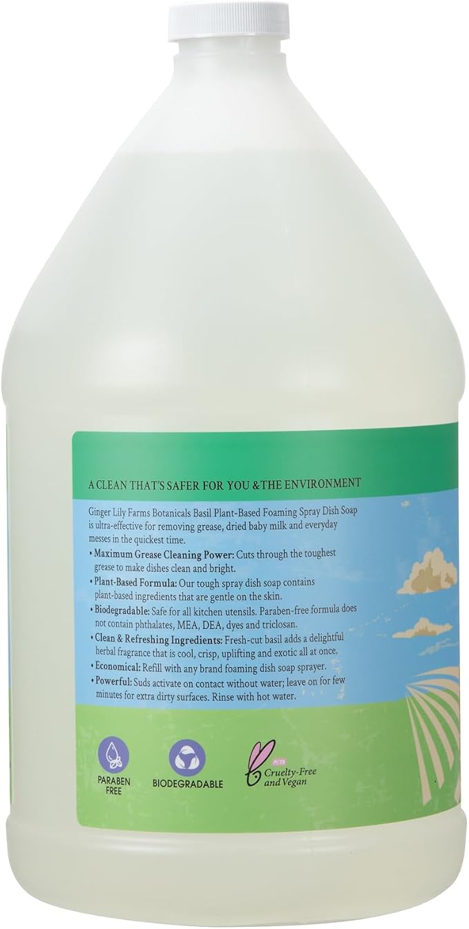 Ginger Lily Farms Botanicals Plant-Based Foaming Spray Dish Soap, Concentrated Formula with Max Grease Cleaning Power, Cruelty-Free, Basil Scent, 1 Gallon (Pack of 4)