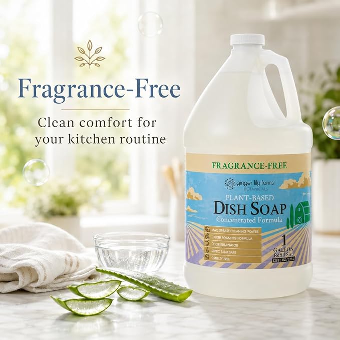 Ginger Lily Farms Botanicals Plant-Based Liquid Dish Soap, Concentrated Formula with Max Grease Cleaning Power, Cruelty-Free, Fragrance-Free, 1 Gallon Refill (128 Fl. Oz.), Clear