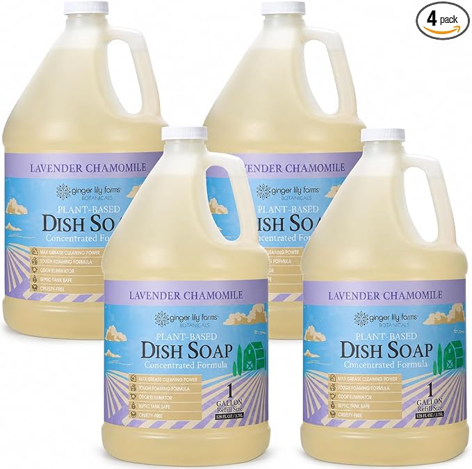 Ginger Lily Farms Botanicals Plant-Based Liquid Dish Soap, Concentrated Formula with Max Grease Cleaning Power, Cruelty-Free, Lavender Chamomile Scent, 1 Gallon (Pack of 4)