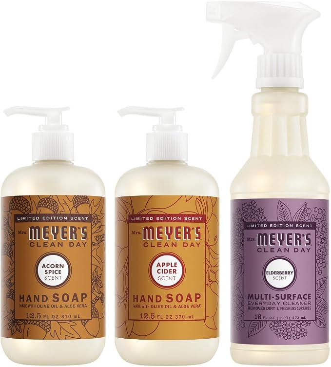 Mrs. MEYER'S CLEAN DAY Multi-Surface Cleaner, Hand Soap 3 Pack Variety, 16 OZ Each, 1 CT (Acorn Spice + Apple Cider + Elderberry)