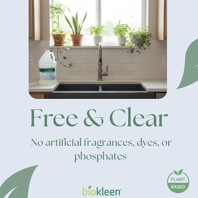 Biokleen Free & Clear Dish Soap - Dish Liquid, Dishwashing Cleaner, Eco-Friendly, Non-Toxic, Plant-Based, No Artificial Fragrance, Colors or Preservatives, Unscented (Pack of 2)
