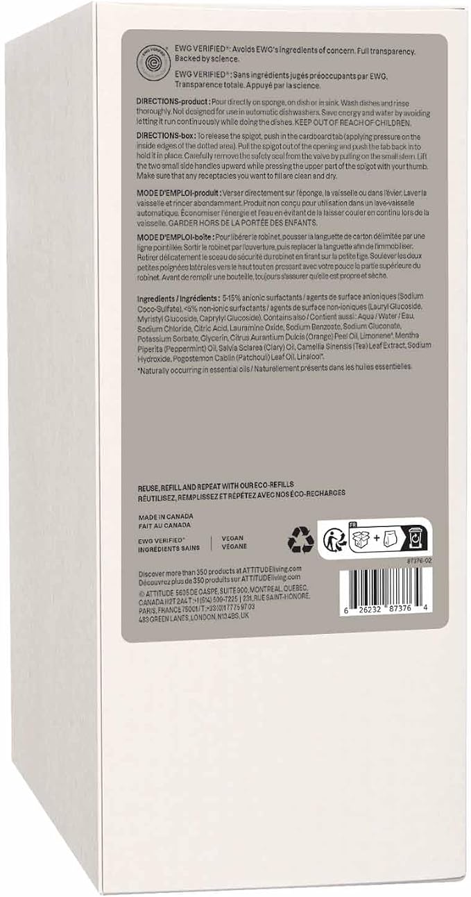 ATTITUDE Dish Soap, EWG Verified, Plant and Mineral-Based Ingredients, Vegan and Cruelty-free Household Products, Orange and Sage, 67.6 Fl Oz